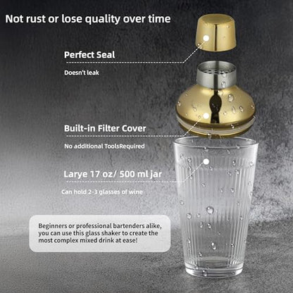 Glass Cocktail Shaker, 17oz Leak-Proof Martini Shaker with Built-in Strainer, Thick Ribbed Drink Shaker Bar Tool for Home Bartending and Aesthetics, Gold - color: Gold