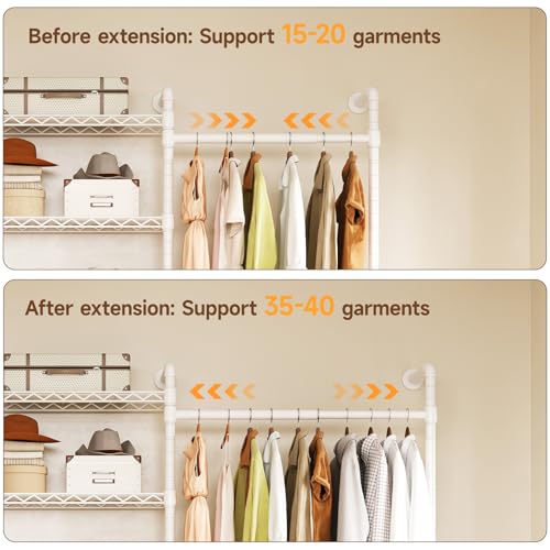 L2 Wall Mounted Closet System, Industrial Pipe Clothing Rack, White | Metal Clothes Rack with 2 Telescopic Rods & 6 Shelves, Heavy Duty Closet Organizers for Wardrobe, Reach-in & Walk-in Closets - color: White
