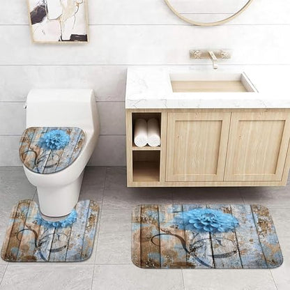 JAWO 4 Piece Blue Dahlia Dahlia Flower on Rustic Wooden Plank Country Style Shower Curtain Sets with Non-Slip Rugs, Toilet Lid Cover and Bath Mat, Shower Curtain with 12 Hooks - color: Blue, size: 5'10" x 5'10" (Rectangular)