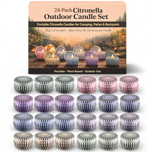 24 Pack Citronella Candles Outdoor, 2.5 oz Soy Wax Tin Candles with 8% Citronella Oil, Up to 600 Hours Total Burn Time, Portable Patio Candle Set for Backyard, Camping, BBQ & Summer Use - size: Citronella 24-Candle Set