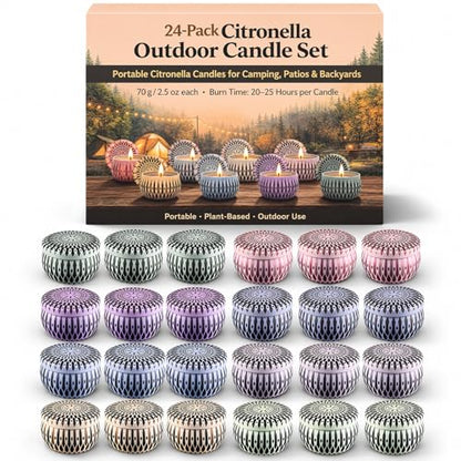 24 Pack Citronella Candles Outdoor, 2.5 oz Soy Wax Tin Candles with 8% Citronella Oil, Up to 600 Hours Total Burn Time, Portable Patio Candle Set for Backyard, Camping, BBQ & Summer Use - size: Citronella 24-Candle Set
