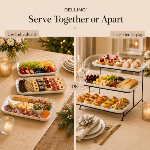 Delling Large 3 Tier Serving Tray Set, 14 Inch Tiered Serving Stand, Sturdier Rack with 3 Porcelain Serving Platters, Suitable for Dessert Table Display Set, Serving Dishes for Entertaining - size: 14 inch