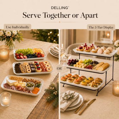 Delling Large 3 Tier Serving Tray Set, 14 Inch Tiered Serving Stand, Sturdier Rack with 3 Porcelain Serving Platters, Suitable for Dessert Table Display Set, Serving Dishes for Entertaining - size: 14 inch