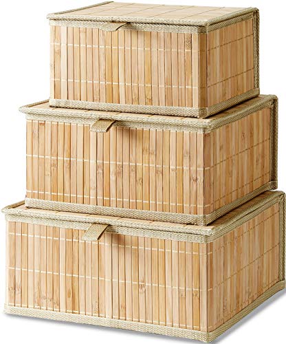 Honygebia Bamboo Decorative Storage Boxes - Set of 3 Woven Lined Storage Basket with Lids, Beige Wicker Lidded Baskets for Home Kitchen Shelf Organizer Decor - color: Wooden Beige
