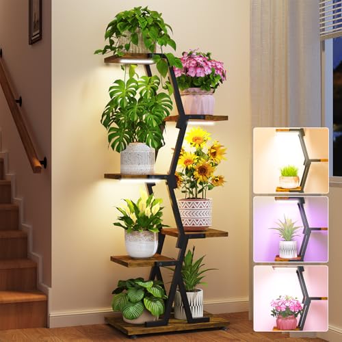 LASZOLA Plant Stand Shelf Tall for Indoor with Light, 5 Tier Wood Brown | Modern Corner Multiple Flower Display Rack with Wooden Tray, Metal Vertical Planter Pot Holder for Home Patio Garden - color: Dark Brown with Lights, size: 5 Tier