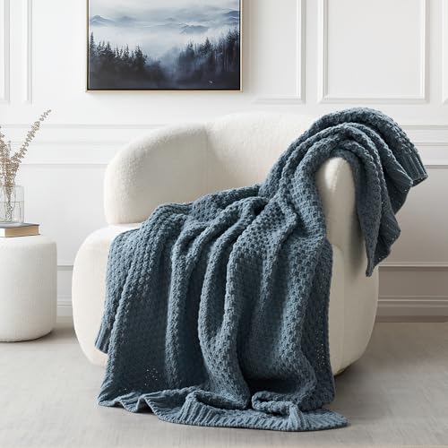 EVERGRACEHOME Chunky Chenille Knit Throw Blanket, 60 x 80, Stormy Blue | Sculpted Moss Stitch, Chic Modern Farmhouse, All-Season Warmth, OEKO-TEX® Certified, Elegant Blanket for Couch, Bed, Sofa - color: Stormy Blue, size: 60" X 80"
