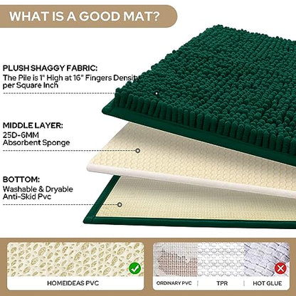 HOMEIDEAS 3 Pieces Bathroom Rugs, Ultra Soft Non Slip Absorbent Chenille Toilet Bath Mat Set (Dark Green) - color: Green-dark Green, size: 17"x24"+20"x32"+U Shape 20"x24"