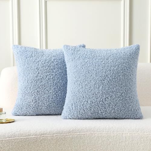 FUTEI Pack of 2 Faux Fur Teddy Boucle Pillow Covers 18x18 Inch, Light Blue | Soft Fluffy Decorative Textured Neutral Pillow Covers, Machine Washable,Accent Solid Couch Pillows Sofa Bed Home Living Room - color: Light Blue, size: 18" x 18" (Pack of 2)