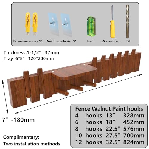 Wall Mounted Piano Key Hanger | Flip Style Hook | Entrance Wall Art Hook, Made of Oak Wood (3 Times Painted, 4 Times Polished) (Fence Walnut, 10Hooks) - color: Fence Walnut, size: 10Hooks