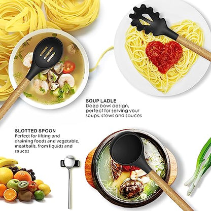 oannao Silicone Cooking Utensils Set - 446°F Heat Resistant Silicone Kitchen Utensils for Cooking,Kitchen Utensil Spatula Set w Wooden Handles, BPA FREE Gadgets for Non-Stick Cookware (Black) - color: Black