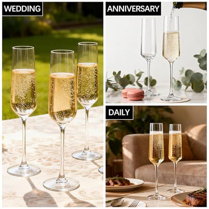 6 Pack Champagne Flutes - Elegant Stemware Champagne Glass Set for Weddings, Birthdays, Holidays - 7.5oz Crystal Clear, Dishwasher Safe, Ideal Gift Set (6)