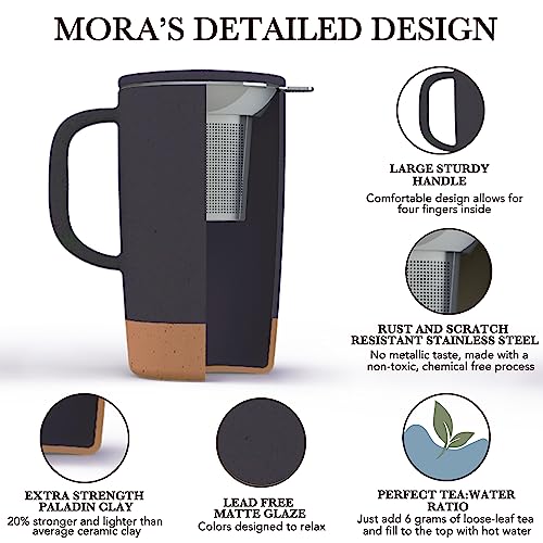 Mora Ceramics Large Tea Mug with Loose Leaf Infuser and Ceramic Lid, 18 oz, Portable, Microwave, Dishwasher Safe, Tall Coffee Cup - Rustic Matte Ceramic Glaze, Modern Herbal Tea Strainer, Nightwaves - color: Nightwaves