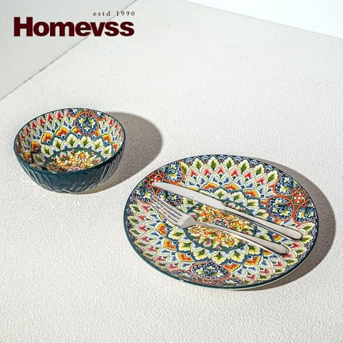 Boho 10 Pieces Dinnerware Sets, Plates and Bowls Set, Porcelain Dishes Set for 2, Microwave and Dishwasher Safe, Scratch Resistant, Bohemian Style Dining Ware, Green - color: Green