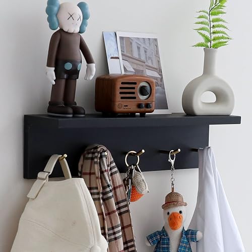 Marine Plywood Wall Mounted Coat Rack with Shelf & Key Hooks, 5 Brass Hooks Entryway Organizer, Modern Floating Shelf for Bedroom Hallway, Space-Saving Home Storage Rack (1, Black) - color: Black