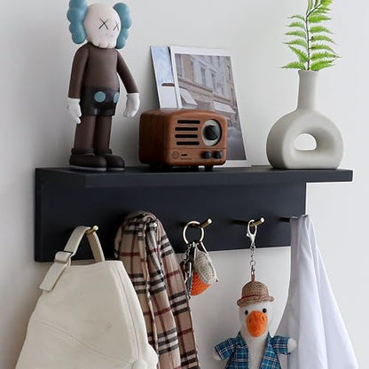 Marine Plywood Wall Mounted Coat Rack with Shelf & Key Hooks, 5 Brass Hooks Entryway Organizer, Modern Floating Shelf for Bedroom Hallway, Space-Saving Home Storage Rack (1, Black) - color: Black