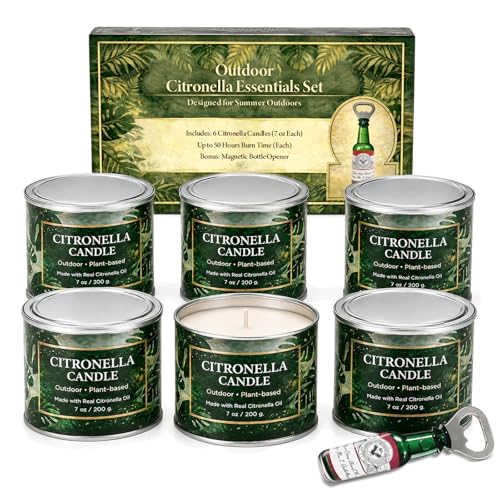 Citronella Candles Outdoor,6 Pack 42 oz Soy Wax Tin Candles with 7% Citronella Oil, Bonus Magnetic Bottle Opener, Up to 300 Hours, for Patio, Backyard, Camping, BBQ & Garden - color: Citronella Candles
