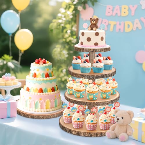 Wooden Cupcake Stand for 24 Cupcakes 4-Tier Dessert Tower Rustic Tiered Display Stand for Woodland Baby Shower Decorations, Farmers Market Decor, Wedding, Birthday, Graduation, Tea Party