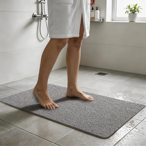 Non-Slip PVC Loofah Bath Mat, 17.7"x27.5"Inch Quick Dry Shower Mat with Efficient Drainage, Soft Comfortable Grey Bathroom Mat for Wet Areas, Machine Washable - color: Grey, size: 27.5" x 17.7" (Rectangular)