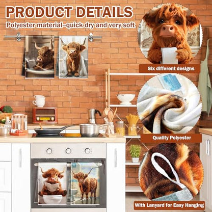 Redbaker 6 Highland Cow Kitchen Towels with Hanging Loop | Soft Absorbent Tea Dishcloths, Rustic Farmhouse Housewarming Gift for Bathroom Kitchen, Bathing Cow Themed Decor - style: Bathroom