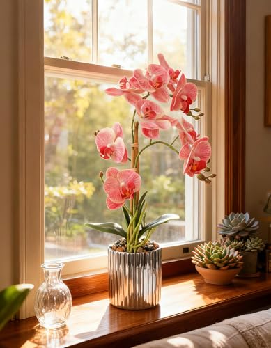 Fake Orchid Plant Artificial Flowers Pink Orchids in Ceramic Vase Faux Real Touch Flowers for Decorations Table Centerpiece Arrangements Fake Flowers that Look Real Home Decor