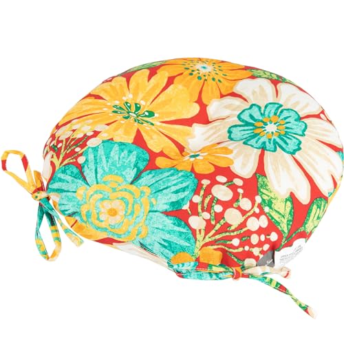 Magpie Fabrics Outdoor Round Bistro Seat Cushions with Ties, 15"x15"x4" Set of 2, Tufted Waterproof Barstool Chair Pads for Patio Home Garden Office, Embry Red Hibiscus - color: Embry Red Hibiscus