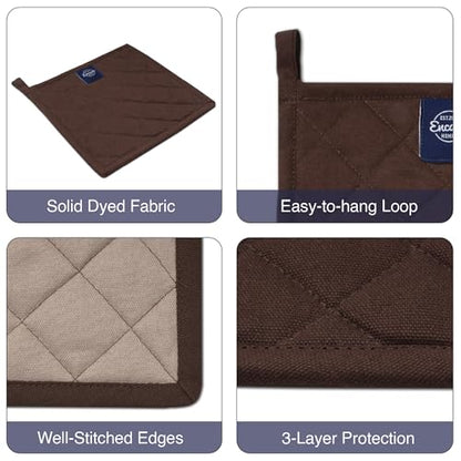 Encasa XO Pot Holders, Quilted Kitchen Hot Pads 8"x8" Dark Taupe & Beige | 100% Heavyweight Cotton | Quilted Insulation | Multipurpose Trivets & Hot Pads | Hanging Loop | Set of 2 - color: Dark Taupe & Beige