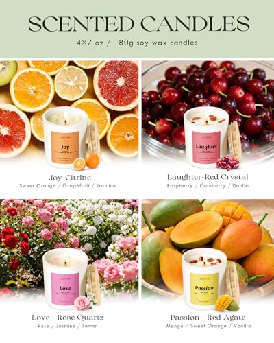 AOOVOO Energy Candles Set for Women - 4 Pack Soy Candles for Home Scented | 28 oz Soy Wax, Aromatherapy Candle with Crystal, Red Quartz Laughter /Rose Quartz Love /Citrine Joy /Red Agate Passion - style: Energy Candles Set