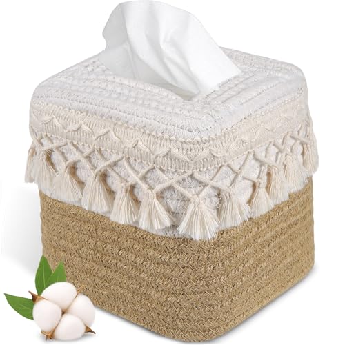 Boho Tissue Box Cover: Natural Handwoven Square Cover for Bathroom | Open-Bottom Design with Tassel, For Kitchen, Tabletops, Home & Office, Farmhouse Decor - color: Tassel Ivory/Brown