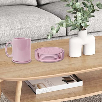 Coasters Set of 6 - PU Leather Coasters for Drinks with Holder - Pink - color: Pink