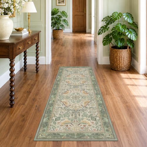 Boho Long Bathroom Runner Rug 2x6 - Floral & Bird Runner Rug for Kitchen Floor, Hallway, Laundry Room, Bedroom, Entrance, Sage Green Vintage Decor, Washable Non Slip Low Pile - Light Green - color: Sage Green, size: 2' x 6' (Runner)