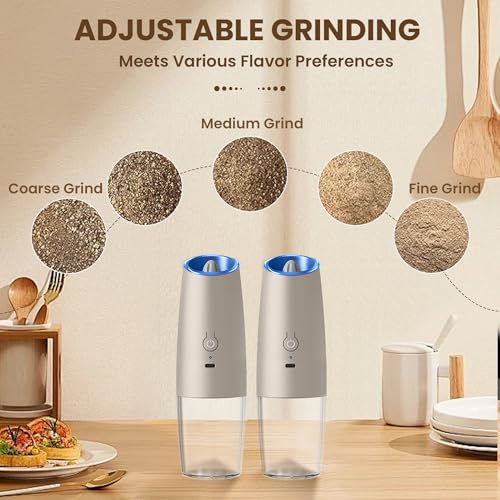 Rechargeable Gravity Salt Pepper Grinder Set, 2 Pack (Khaki) | Gravity Automatic Grinder With LED Light & Adjustable Roughness, Rechargeable Seasoning Tool For Kitchen Use - color: Rechargeable/Set/Khaki
