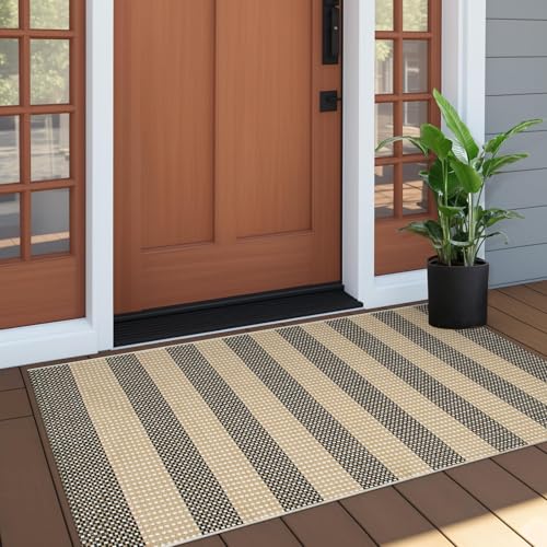 Front Door Rug 24"x51" Outdoor Doormat Washable Door Mats Porch Rug | Front Door Mat Outside Entrance Tan Woven Striped Outdoor Mat Entryway Rugs Indoor Small Area Rug for Kitchen Entry Bathroom - color: Tan/Black/White, size: 2' x 4'3" (Rectangular)