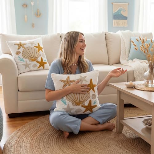 Moukeren 2 Pcs Seashell Starfish Throw Pillow Cover 18 x 18 Inch Summer Coastal Nautical Embroidered Decorative Pillow Cases Beach Ocean Square Cushion Cover for Sofa Couch Bedroom Decor Gift - style: Starfish Shells