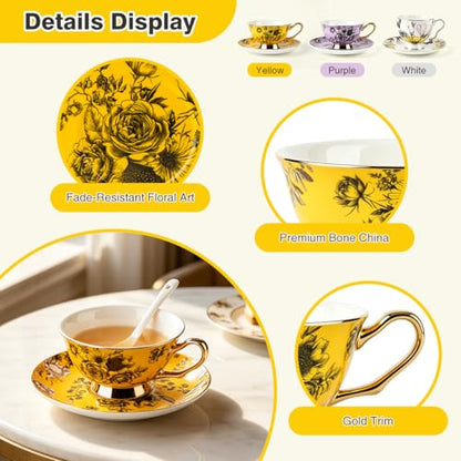 Elegant Floral Tea Cup and Saucer Set with Spoon | 7 oz - color: yellow01
