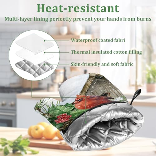 Christmas Cardinal Bird Winter Oven Mitts and Pot Holders Set 4 Pcs Extra Long Heat Resistant Gloves Potholder for Baking, BBQ, Grilling - color: Christmas Cardinal