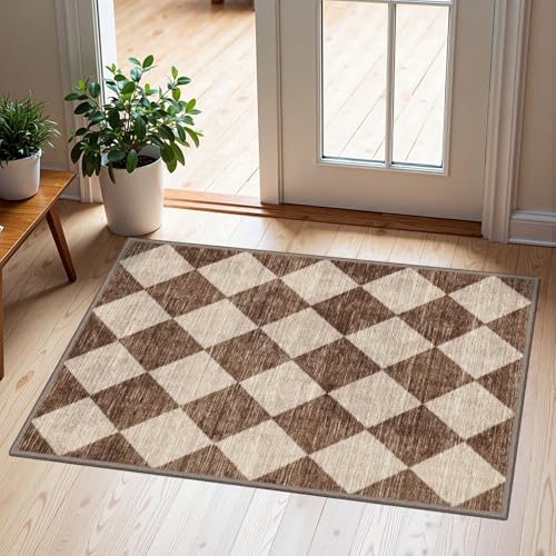 Front Door Rug - 2x3 Brown Beige Checkered Diamond Entry Rug | Non-Slip Washable Doormat Indoor Outdoor Door Mat Outside Entrance Small Rugs for Entryway Bedroom Kitchen Front Porch Decor - color: Diamond - Brown Beige, size: 2' x 3' (Rectangular)