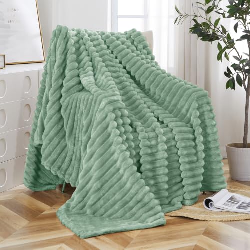 Taliska Sage Green Fleece Throw Blanket 50"x60" - Soft Cozy Fluffy Striped Blanket for Couch Sofa Travel, Lightweight Warm Throw Blankets for All-Season Home Decor - color: Sage Green, size: Throw(50"x60")