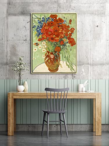 Wieco Art Gold Framed Art Red Poppies and Daisies Large Canvas Prints Wall Art of Van Gogh Famous Artwork Oil Paintings Reproduction Classical Flowers for Living Room Home Decor - size: 32"L x 24"W