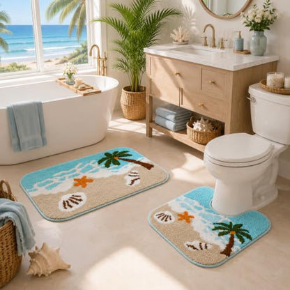 2 Piece Beach Bathroom Rug Set, Absorbent Bath Mat and U-Shaped Toilet Rug | Small-Space Coastal Refresh, Ocean-Wave Details, Two-Zone Floor Coverage, Soft Quick-Dry Comfort, TPR Grip, Machine Wash Care - color: Blue Beach