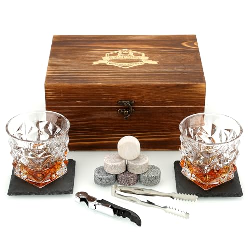 Whiskey Stones Gift Set, 2 Large Crystal Whiskey Glasses in Wood Gifts Box | 6 Granite Scotch Chilling Rocks, Tongs & Velvet Pouch, Best Gifts for Men Dad Husband Him Christmas Birthday Holiday Present - style: Diamond Glasses+Round Stones