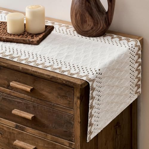 Macrame Side Trim Boho Woven Table Runner, Jute 12x48 Inch | Crochet Hollow Table Runners 48 Inch Long, Handmade Feel Ivory Cotton Base with Striped Trim, Farmhouse Kitchen Home Decor - color: Jute, size: 12"x48"