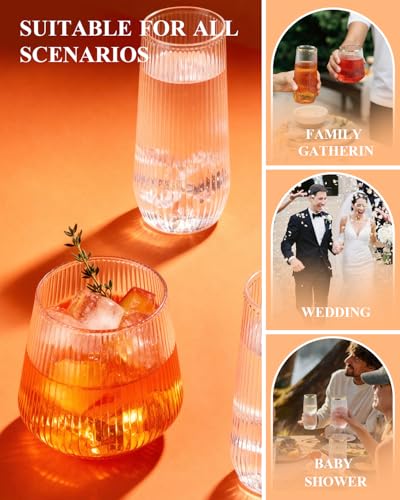 BESTSTAR 48 Pack Clear Disposable Ribbed Origami Ripple Plastic Glasses Set | 24 9OZ Stemless Champagne Flutes & 24 12OZ Cups, BPA-Free Shatterproof Clear Drinkware for Weddings, Parties & Events - color: Clear Ribbed