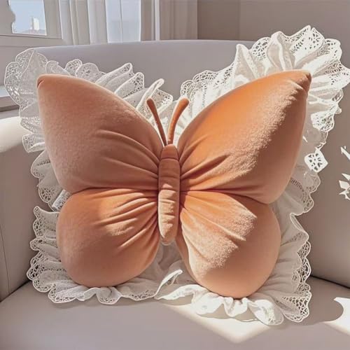 Butterfly Throw Pillow,21.6 inch Velvet Butterfly Decorative Pillow | Lace Trim,Animal Pillow for Couch Living Room Bed,Home Garden Decor - color: Orange