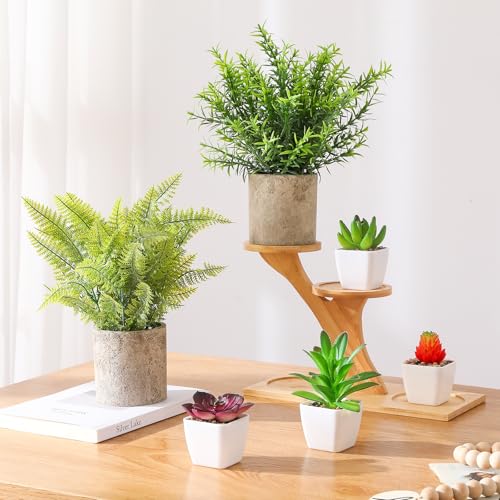 6Pcs Small Fake Plants Succulents Artificial Greenery Potted Plant Indoor | Faux Rosemary Fern Succulents in Pots, Home Room Office Desk Table Shelf Bathroom, Modern Farmhouse Decor