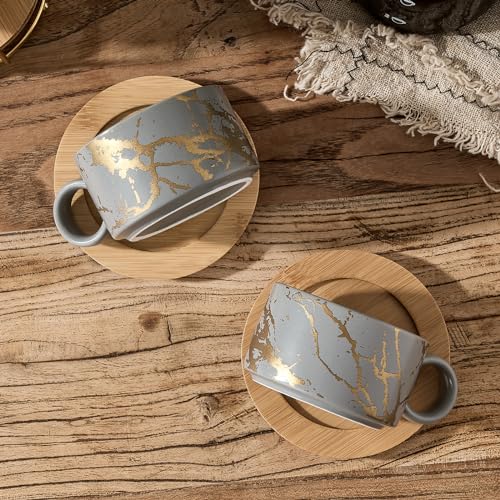 LUKA 6 Ounce Porcelain Stackable Espresso Cups with Saucers and Metal Stand Set of 4, Ceramic Cappuccino Cups Set for Specialty Coffee Drinks, Latte, Cafe Mocha and Tea, Gray - color: Gray