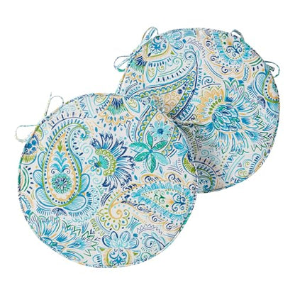 Set of 2 Outdoor 18 inch Round Patio Dining Chair Pads – Comfortable Fiber-Filled Seat Cushions with Ties, Reversible Polyester Fabric, Baltic Paisley - color: Baltic Paisley