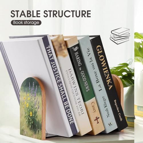 Personalized Wood Book Ends Metal Base Wildflower Bouquet Art Printing Bookend Modern Heavy Duty Bookends for Home Or Office 1 Pair - color: Wildflower Bouquet Art