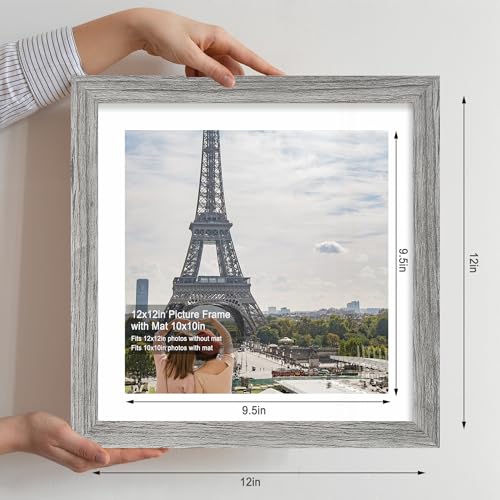 Hongkee 12x12 Picture Frame Set of 4 - Made of Glass and Grey Wooden Frame, Display Square Pictures 10x10 with Mat or 12 x 12 without Mat, Desktop & Wall Collage Photo Frame - color: Grey, size: 12x12 in