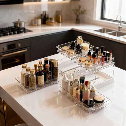 Jsyrjing Pull Out Spice Rack, 2 Tier Clear Cabinet Organizer for Kitchen and Bathroom Storage, Rotating Pantry Organizer and Makeup Organizer for Drawer, Durable Design, 2 Pack Under Sink Organizer - size: 2 Pack
