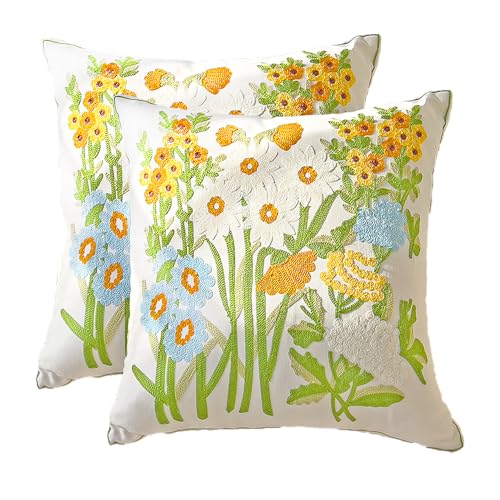 Embroidered Throw Pillow Covers, Pack of 2 Colorful Flowers Patterned Pillowcases for Couch Sofa Bedroom, Decorative Pillow Covers 18x18 inch(Colorful Flowers2) - color: Colorful Flowers2